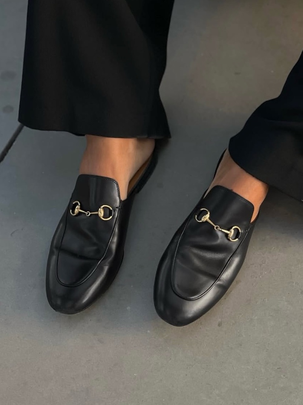 GUCCI Princetown Black Leather Horsebit Mule Slippers Loafers Gold Hardware